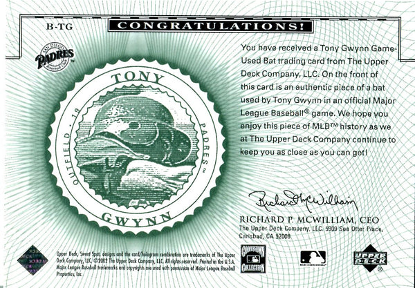Tony Gwynn 2002 Upper Deck Game Used Bat Card