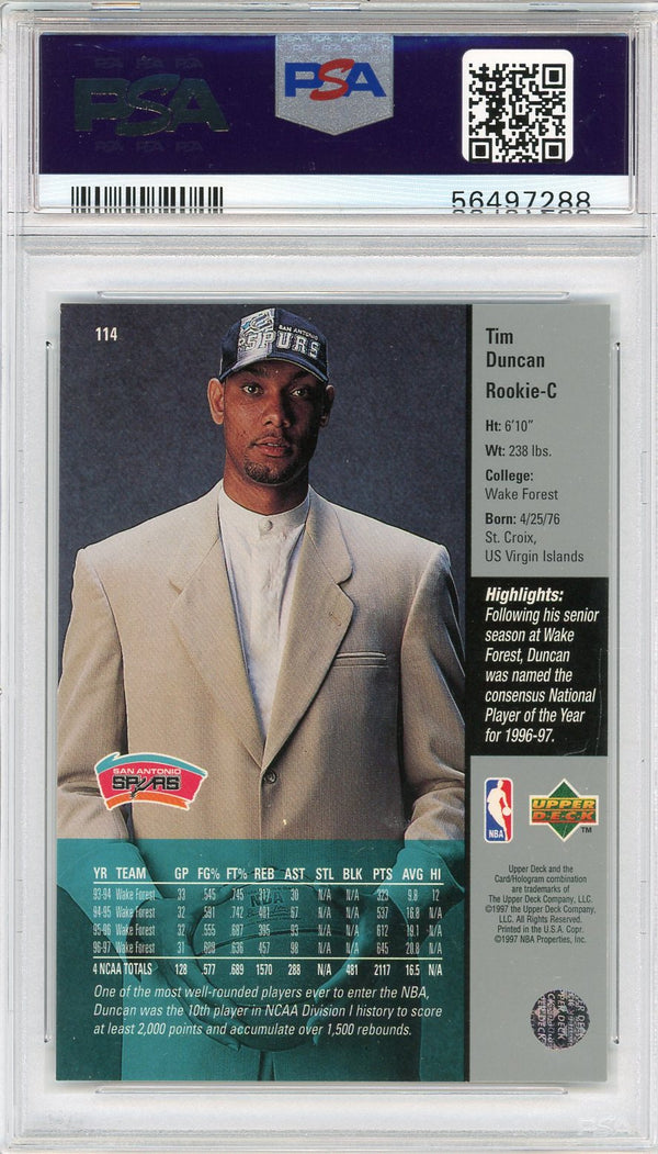 Tim Duncan 1997 Upper Deck Rookie Card #114 (PSA)