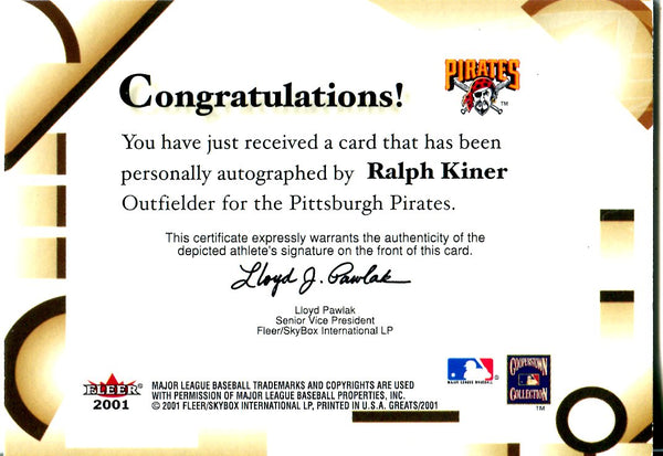 Ralph Kiner 2001 Fleer Autographed Card