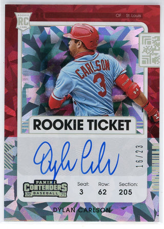 Dylan Carlson Autographed 2021 Panini Contenders Rookie Ticket Cracked Ice Card #147