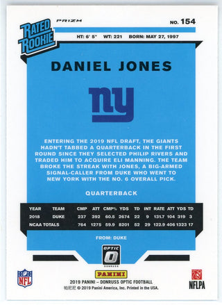 Daniel Jones 2019 Panini Donruss Optic Rated Rookie Prizm Card #154