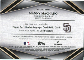 Manny Machado 2022 Topps Tier One Autographed Dual Game Worn Relic Card /25