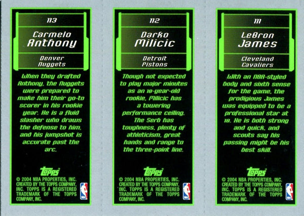 LeBron James, Carmelo Anthony, & Darko Milicic 2004 Topps Unsigned M3 Card
