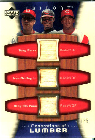 Tony Perez, Ken Griffey Jr, and Willy Mo Pena 2005 Upper Deck Game Used Bat Card 47/85