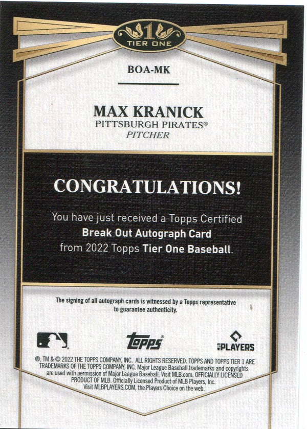 Max Kranick 2022 Topps Tier One Break Out Autographed Rookie Card /25