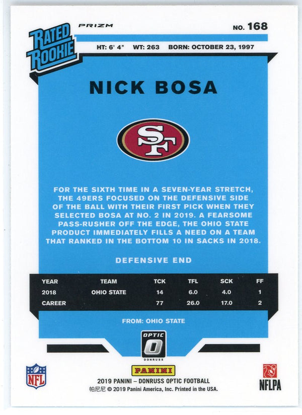 Nick Bosa 2019 Panini Donruss Optic Rated Rookie Silver Prizm Card #168