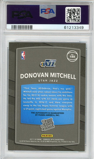 Donovan Mitchell Autographed 2017 Panini Donruss Optic Rated Rookie Card #188 (PSA NM-MT 8)