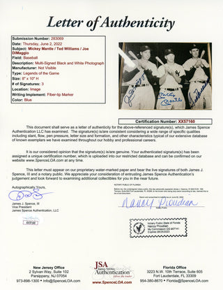Joe DiMaggio, Mickey Mantle & Ted Williams Autographed Framed 8x10 Photo (JSA)