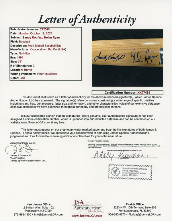 Sandy Koufax & Nolan Ryan Autographed Cooperstown Bat (JSA)