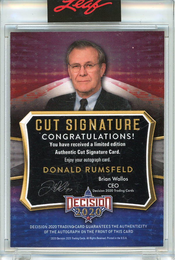 Donald Rumsfeld Autographed 2020 Leaf Decision Cut Encased Card