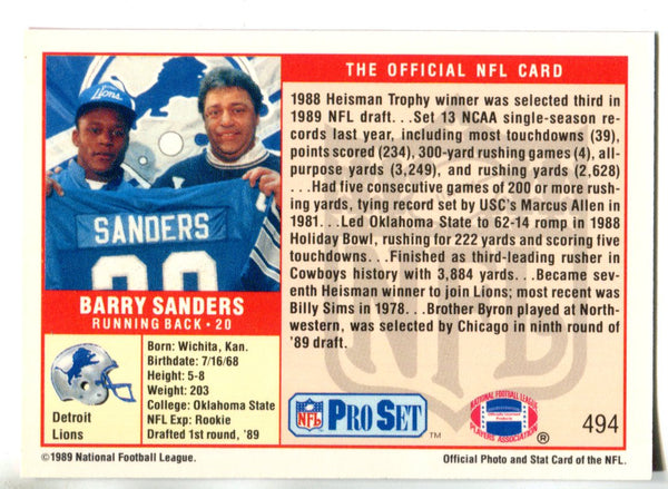 Barry Sanders 1989 Pro Set Rookie Card #494