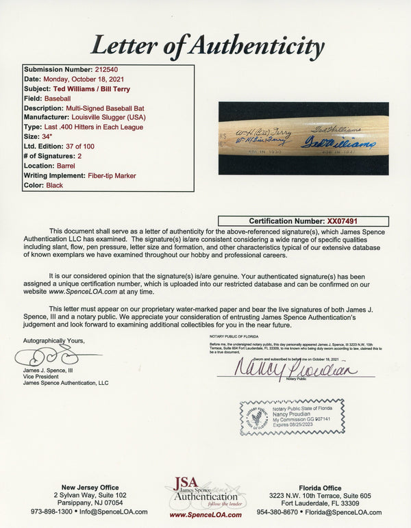 Ted Williams & Bill Terry Autographed Louisville Slugger Bat (JSA)