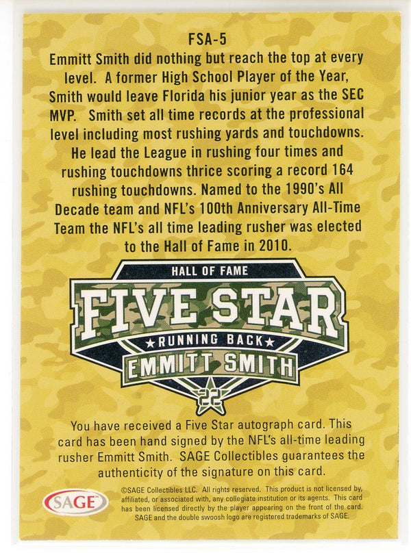 Emmitt Smith Autographed Sage Five Star Hall of Fame Card #FSA-5