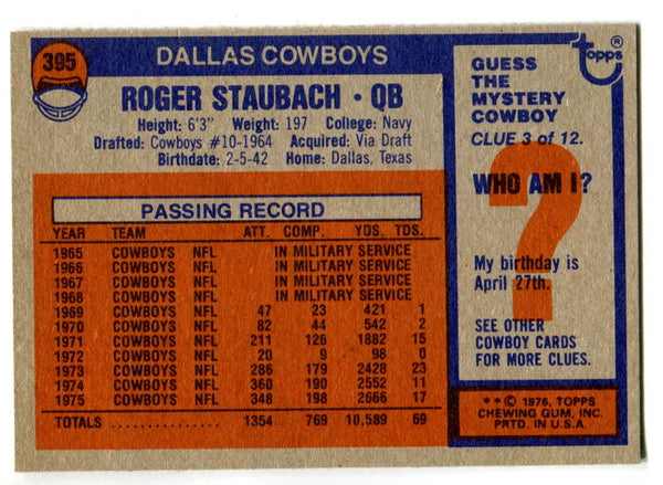 Roger Staubach 1976 Topps Card #395