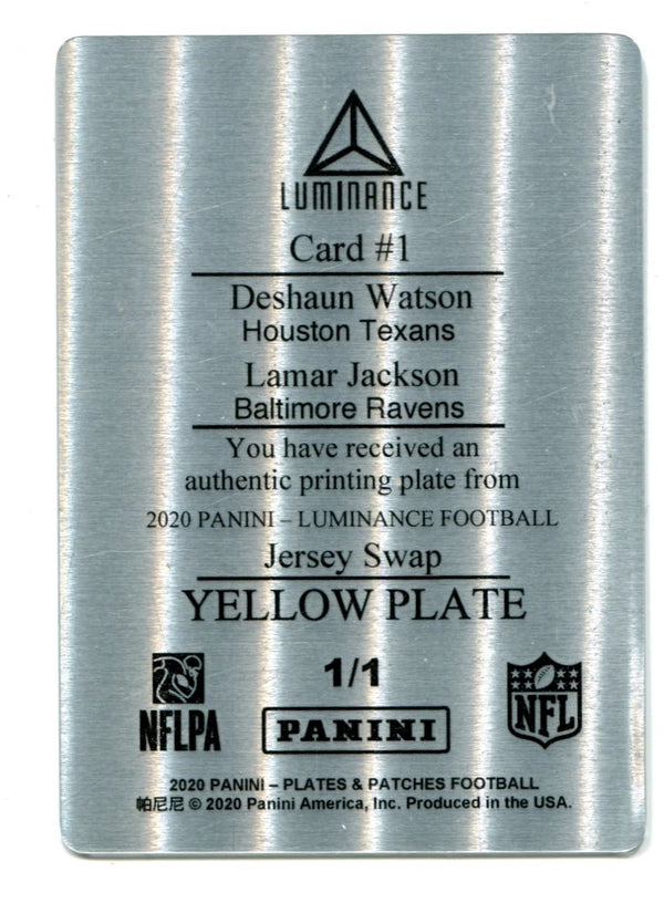 Lamar Jackson/Deshaun Watson 2020 Panini Luminance Yellow Printing Plate 1/1 Card