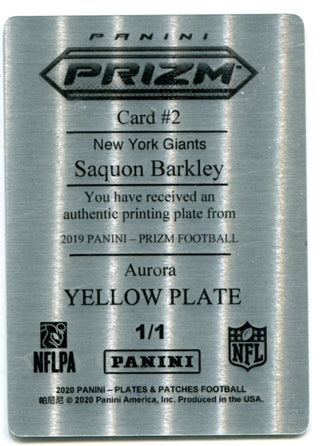 Saquon Barkley 2020 Panini Prizm Yellow Printing Plate #2 1/1