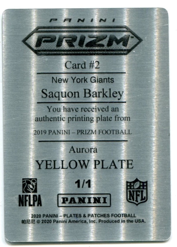 Saquon Barkley 2020 Panini Prizm Yellow Printing Plate #2 1/1