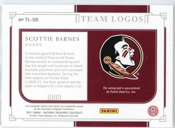 Scottie Barnes Autographed 2021 Panini National Treasures Collegiate Rookie Team Logos Card