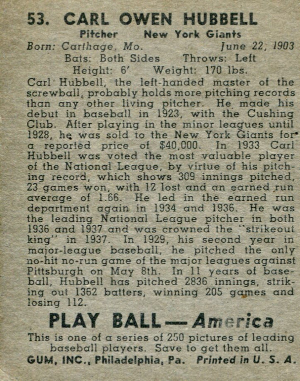 Carl Owen Hubbell 1939 Play Ball Gum Card
