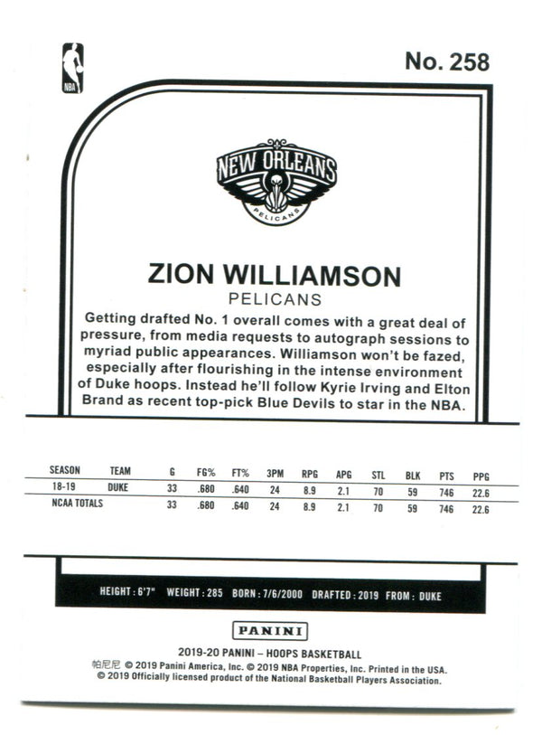 Zion Williamson 2019-20 Panini NBA Hoops #258 Purple Card