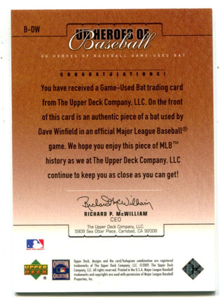 Dave Winfield 2001 Upper Deck Heroes of Baseball #BDW Card