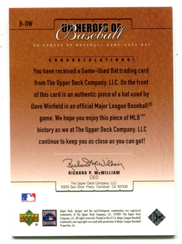 Dave Winfield 2001 Upper Deck Heroes of Baseball #BDW Card