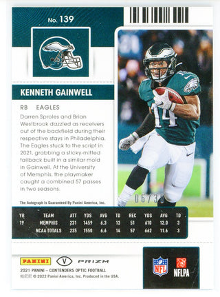 Kenneth Gainwell Autographed 2021 Panini Contenders Optic Rookie Ticket Prizm Card #139
