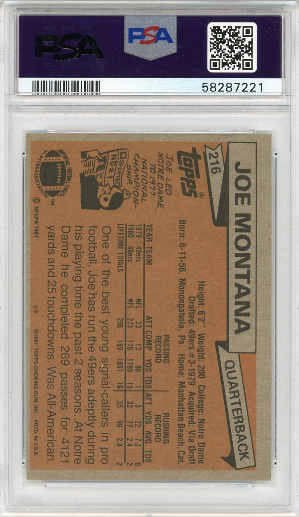 Joe Montana 1981 Topps Rookie Card #216 (PSA NM-MT 8)