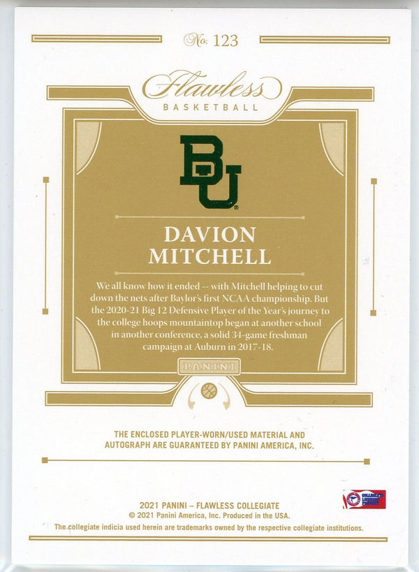Davion MItchell Autographed 2021 Panini Flawless Rookie Patch Card