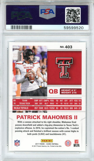 Patrick Mahomes 2017 Panini Score Rookie Card #403 (PSA Gem MT 10)