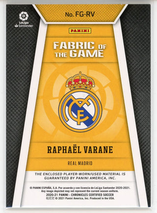 Raphael Varane 2020-21 Panini Chronicles Certified Fabric of the Game Patch Card #FG-RV