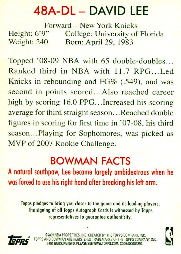 David Lee Autographed 2009 Bowman Card