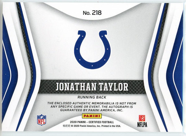 Jonathan Taylor Autographed 2020 Panini Certified Freshman Fabric Rookie Card #218