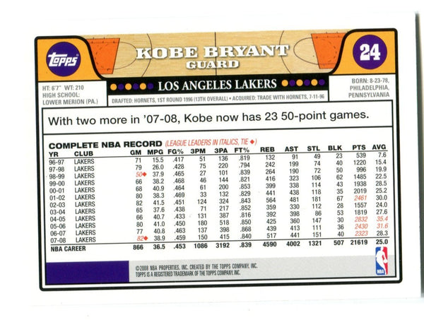 Kobe Bryant 2008-09 Topps #24 Card