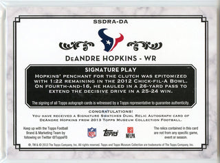 DeAndre Hopkins Autographed 2013 Topps Museum Collection Rookie Patch Card #SSDRA-DA