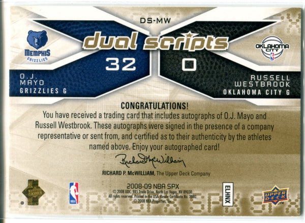 Russell Westbrook & OJ Mayo Autographed 2008-09 Upper Deck SPx Dual Scripts Card