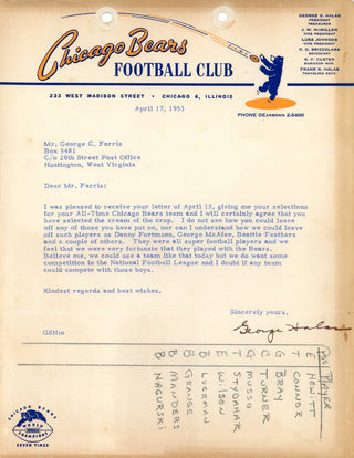 George Halas Autographed Chicago Bears Football Letter (JSA)