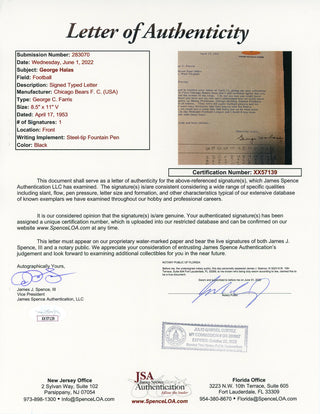 George Halas Autographed Chicago Bears Football Letter (JSA)