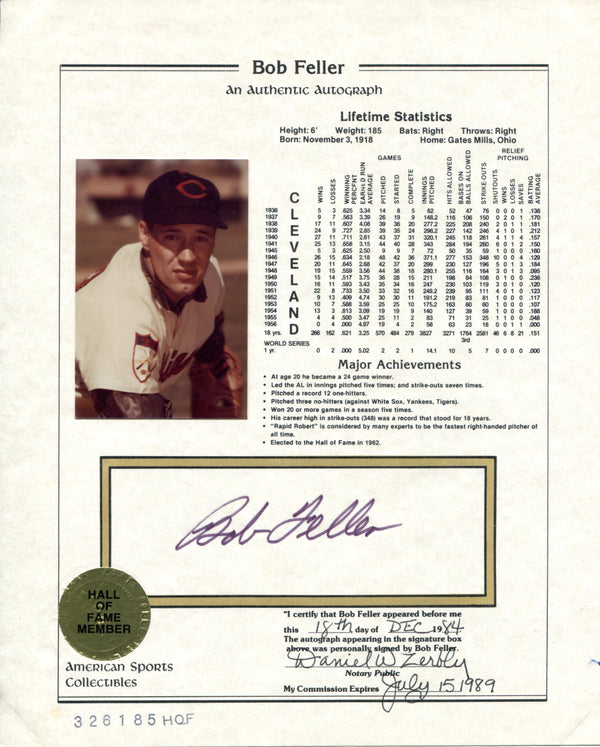 Bob Feller Autographed American Sports Collectibles HOF Plaque 8x10 Card