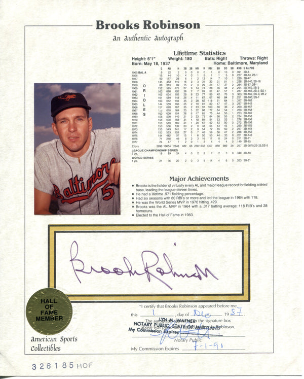 Brooks Robinson Autographed American Sports Collectibles HOF Plaque 8x10 Card