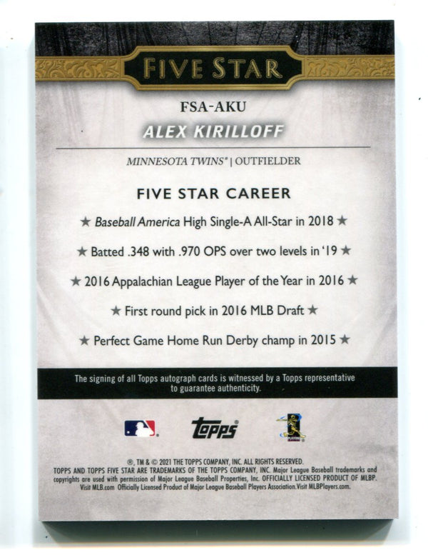 Alex Kirilloff 2021 Topps Five Star #FSAAKU Autographed RC