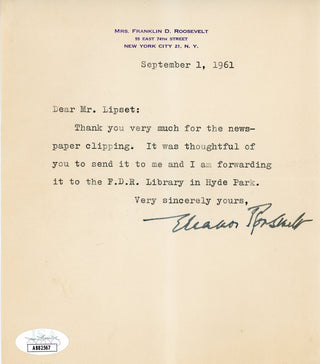 Eleanor Roosevelt Autographed September 1, 1961 Letter (JSA)