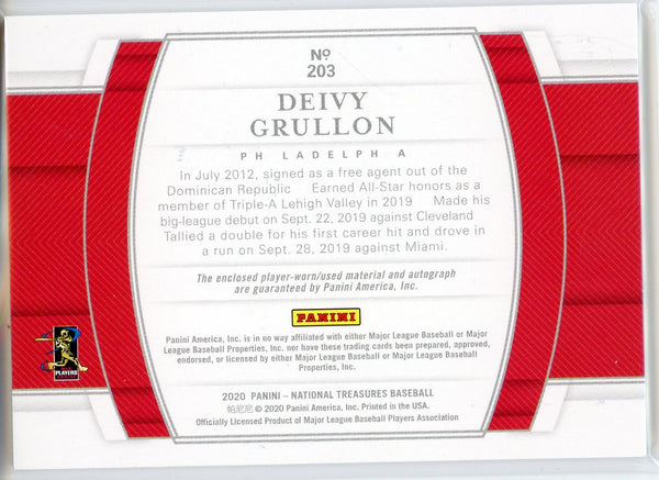 Deivy Grullon Autographed 2020 Panini National Treasures Rookie Patch Card #203