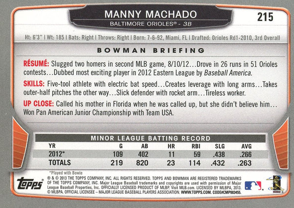 Manny Machado 2013 Bowman Rookie Card