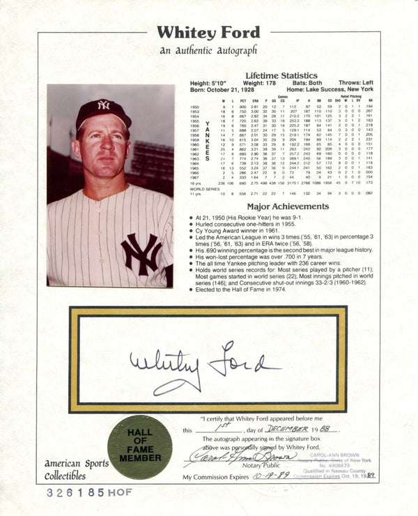 Whitey Ford Autographed American Sports Collectibles HOF Plaque 8x10 Card