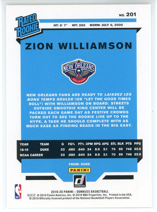 Zion Williamson 2019-20 Panini Donruss Rated Rookie Card #201