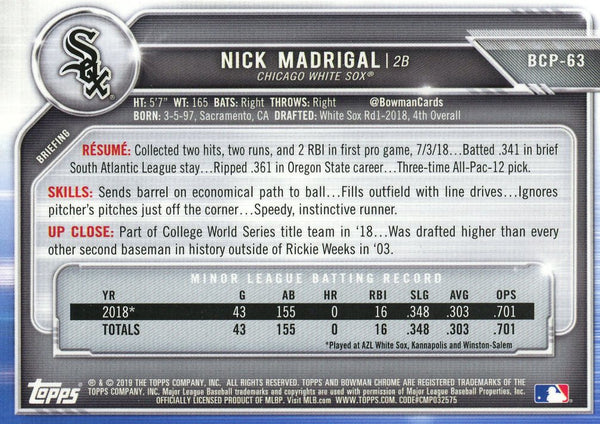 Nick Madrigal 2019 Bowman Chrome Card