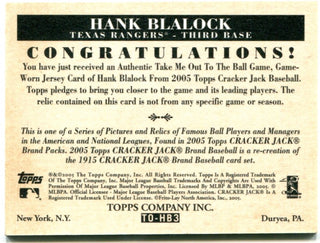 Hank Blalock Topps Take Me Out To The Ball Game Authentic Game Worn Jersey
