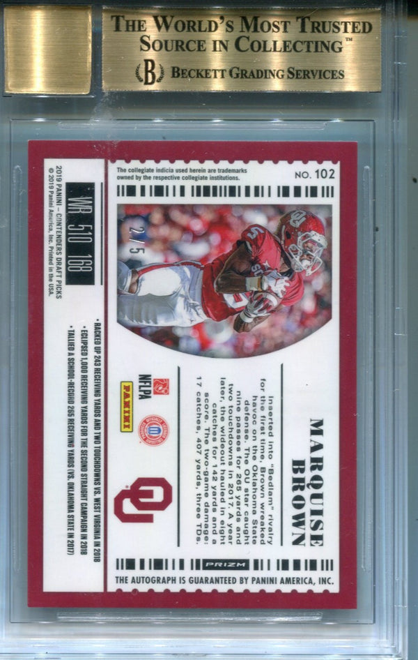 2019 Contenders Draft Picks Marquise Brown #102 Autographed Card Beckett 9.5 Auto 10