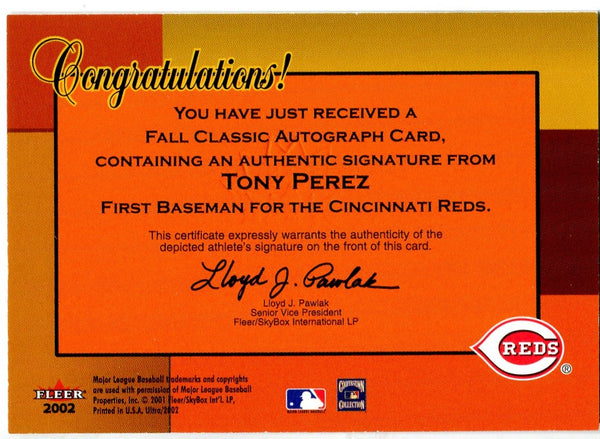 Tony Perez 2001 Fleer Ultra Fall Classic Autographed card #31/160